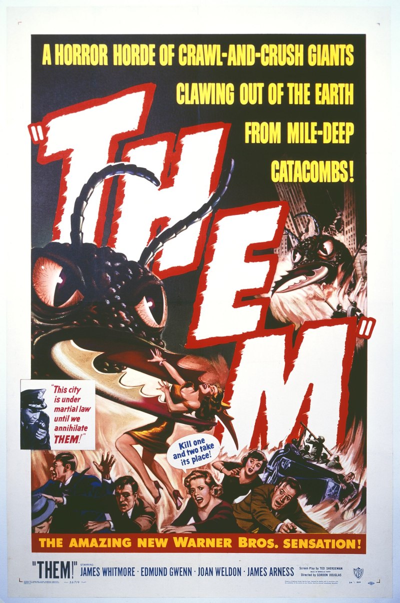 One-sheet poster for Them! from 1954, a giant black ant looming over a screaming woman