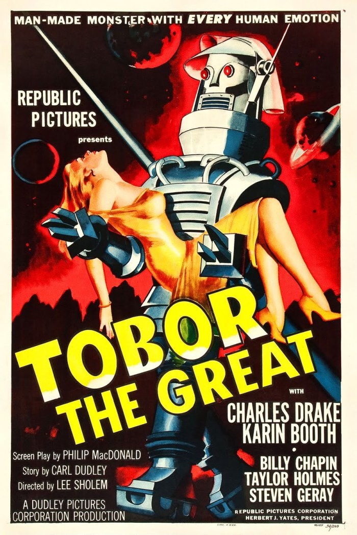 Poster for Tobor the Great, 1954, a giant silver robot with glowing red eyes