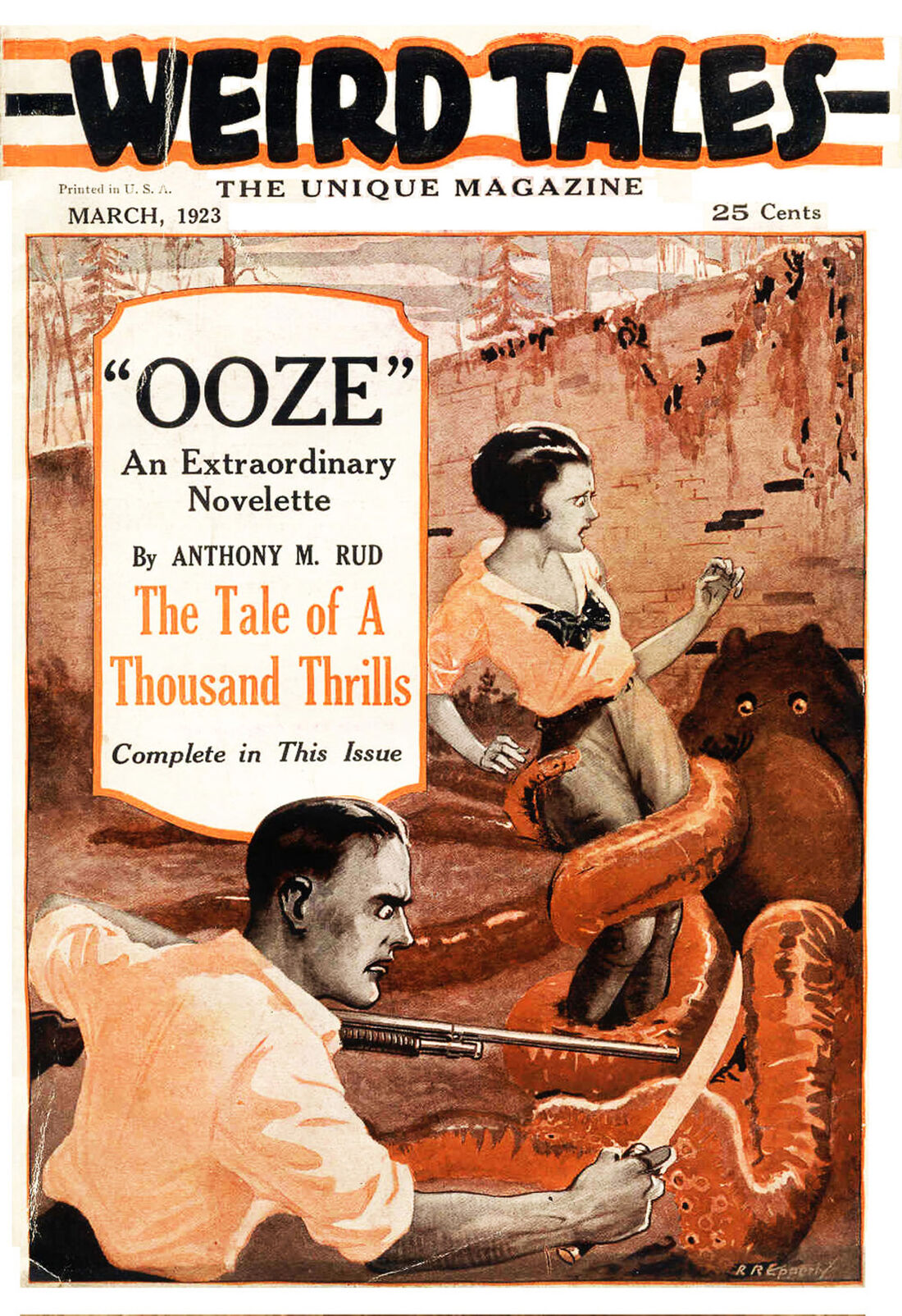 Cover of the first issue of Weird Tales, March 1923, in sepia, orange and cream, showing huge segmented orange coils of a giant amoeba looping around a frightened woman while a grim man aims a shotgun, a bear and a crumbling moss-hung brick ruin behind them