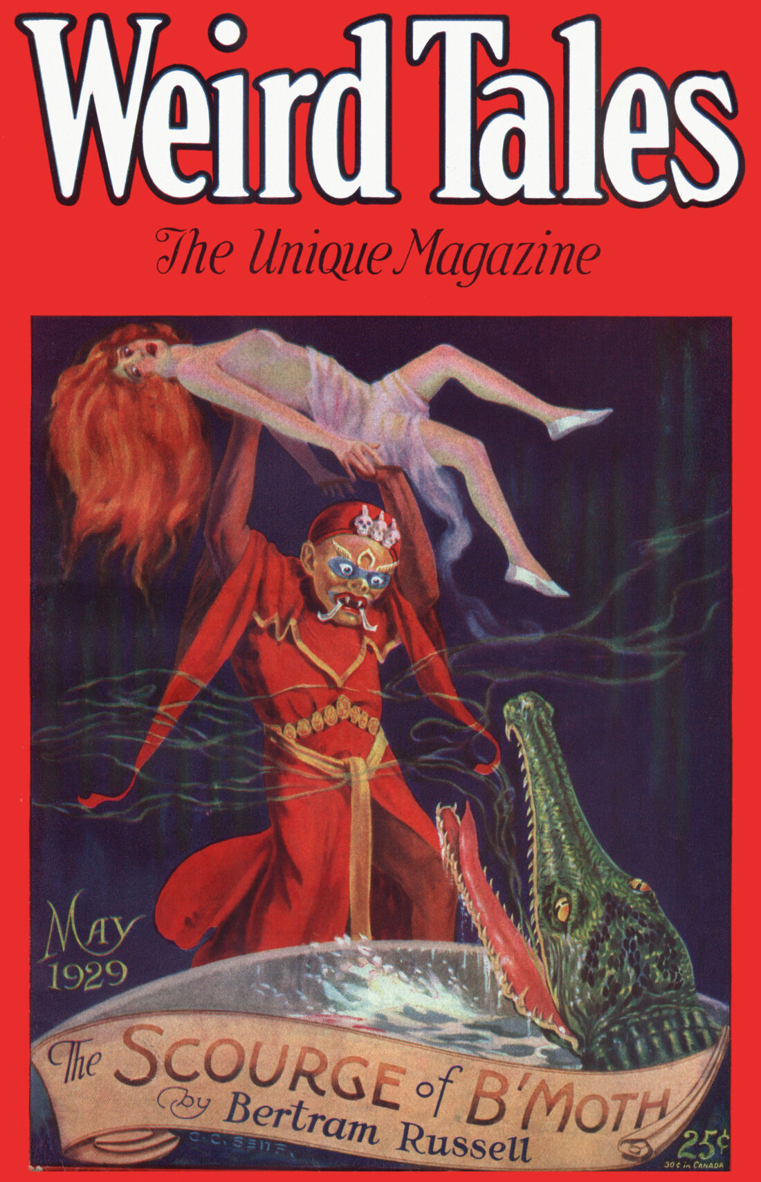 Weird Tales cover, May 1929, by C. C. Senf, a red-robed figure in an ornate demon mask holding a floating red-haired woman aloft while below a huge green crocodile head rears out of dark water with its jaws open