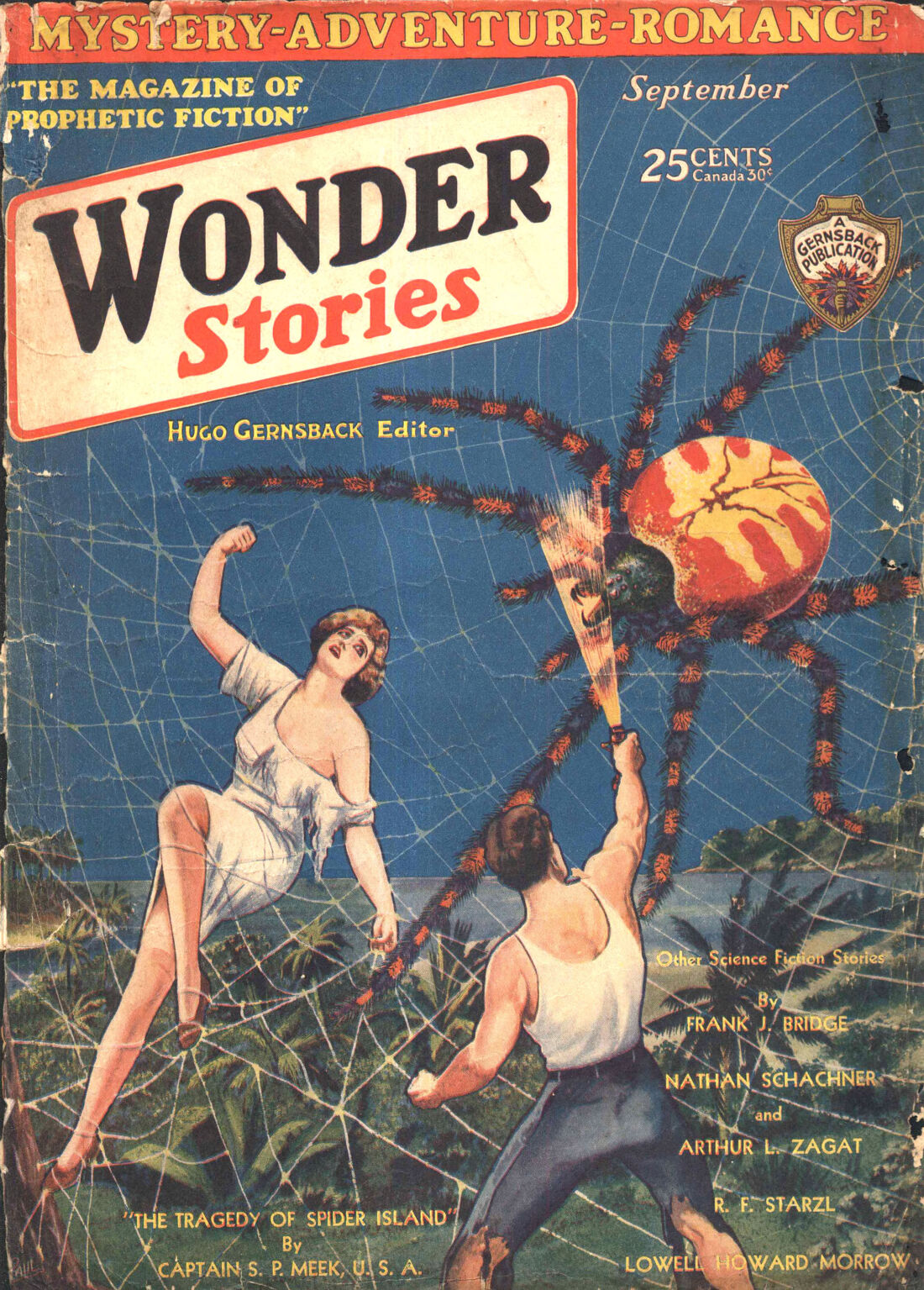 Wonder Stories cover, September 1930, showing a huge orange and black spider in a web strung across a jungle clearing while a man in a white undershirt holds it back with a flaming torch and a woman in a torn white dress recoils, blue background